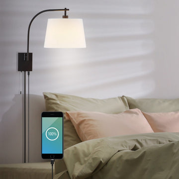 Gosling 22.5" Mid-Century Modern Plug-In or Hardwired Iron LED Gooseneck Swing Arm Wall Sconce with Pull-Chain and USB Charging Port - JONATHAN Y